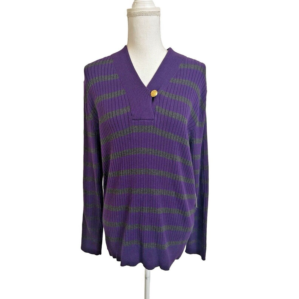 NWT Lauren Ralph Lauren Women's 2X Purple & Gray Striped V-Neck Sweater NEW
